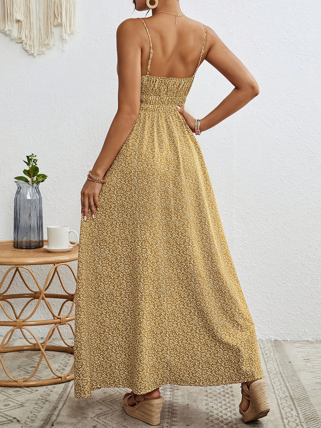 Maeve - Botanical Print Ruffle Spaghetti Strap Dress