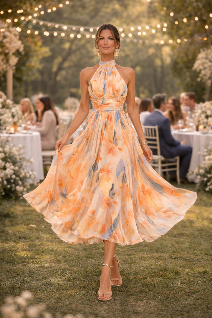 Halter Neck Watercolour Print Maxi Dress