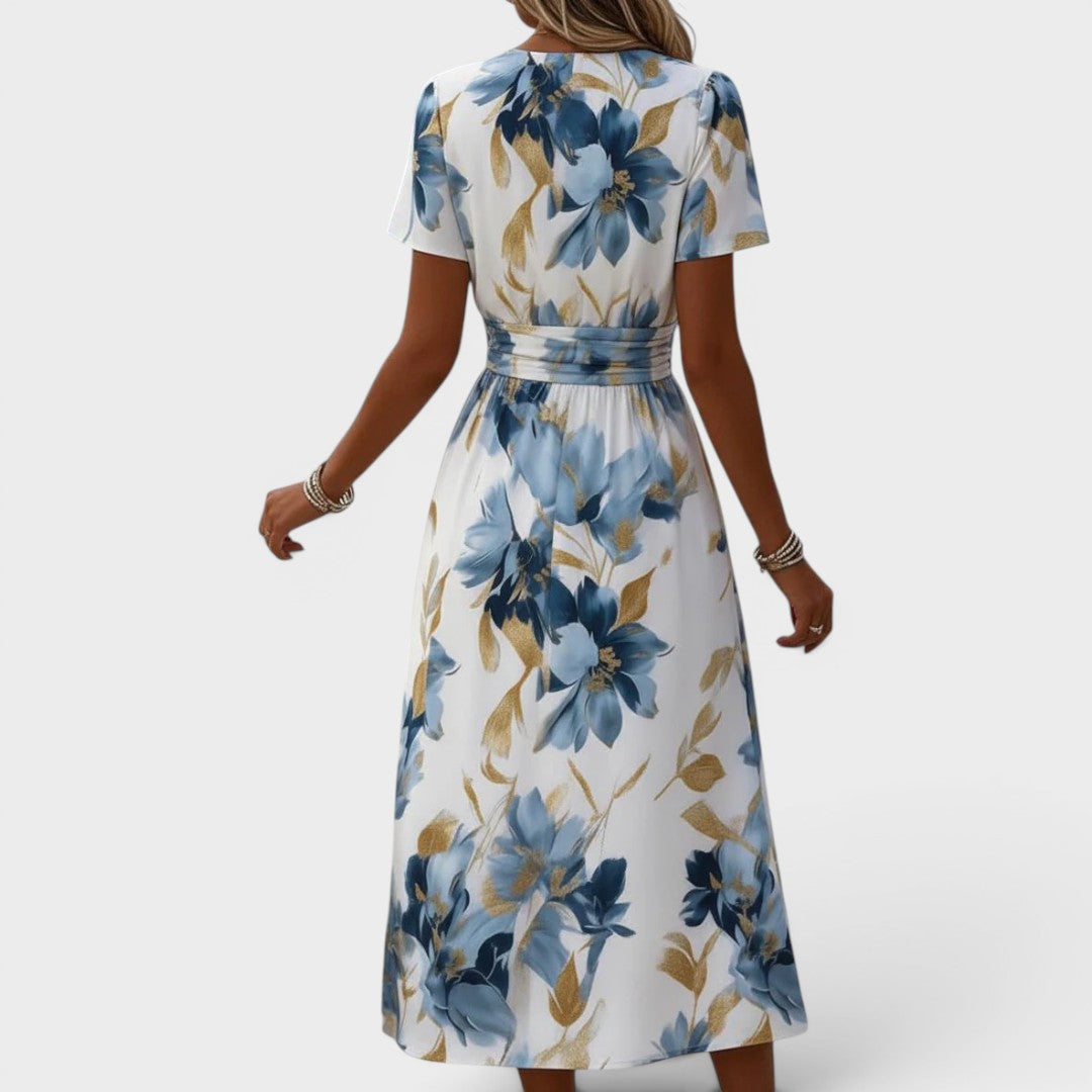 Elara – Floral Wrap Waist Midi Dress