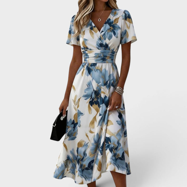 Elara – Floral Wrap Waist Midi Dress