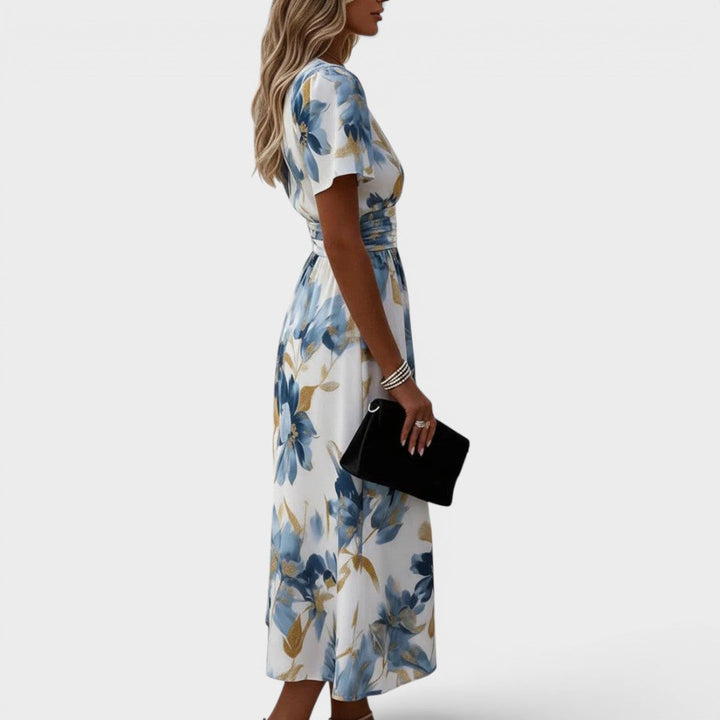 Elara – Floral Wrap Waist Midi Dress