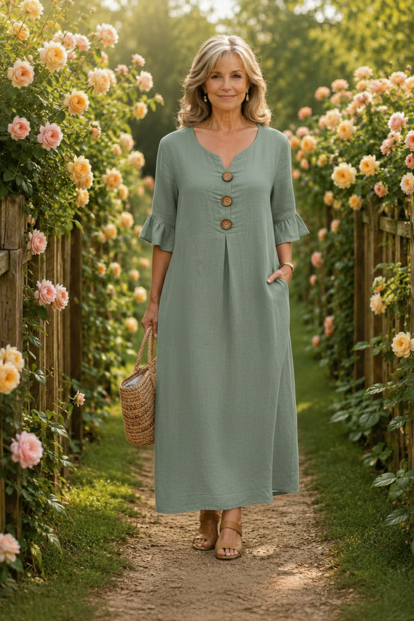 Groene jurk rozentuin