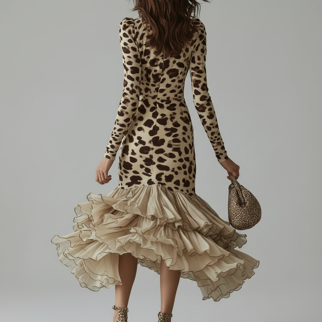 Celeste Leopard Ruffle Midi Dress
