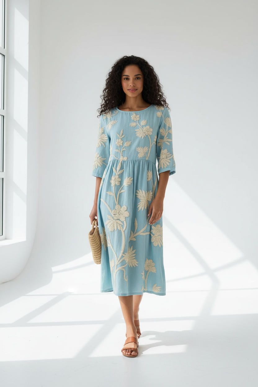 Kimberly Embroidered Linen Midi Dress