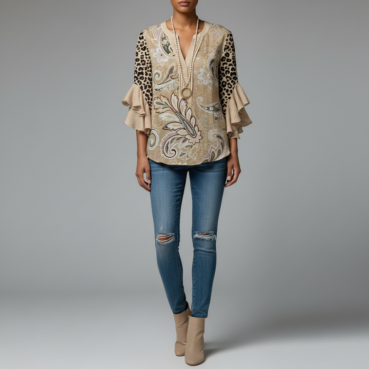Ruffle Sleeve V-Neck Blouse